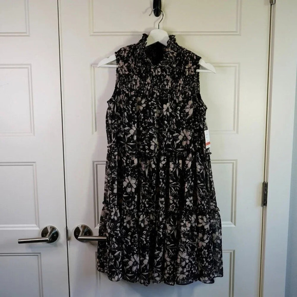 Taylor Women’s Tiered Swing‎ Dress Sleeveless Floral Knee Length Blk/Beige Sz XS - Picture 1 of 8